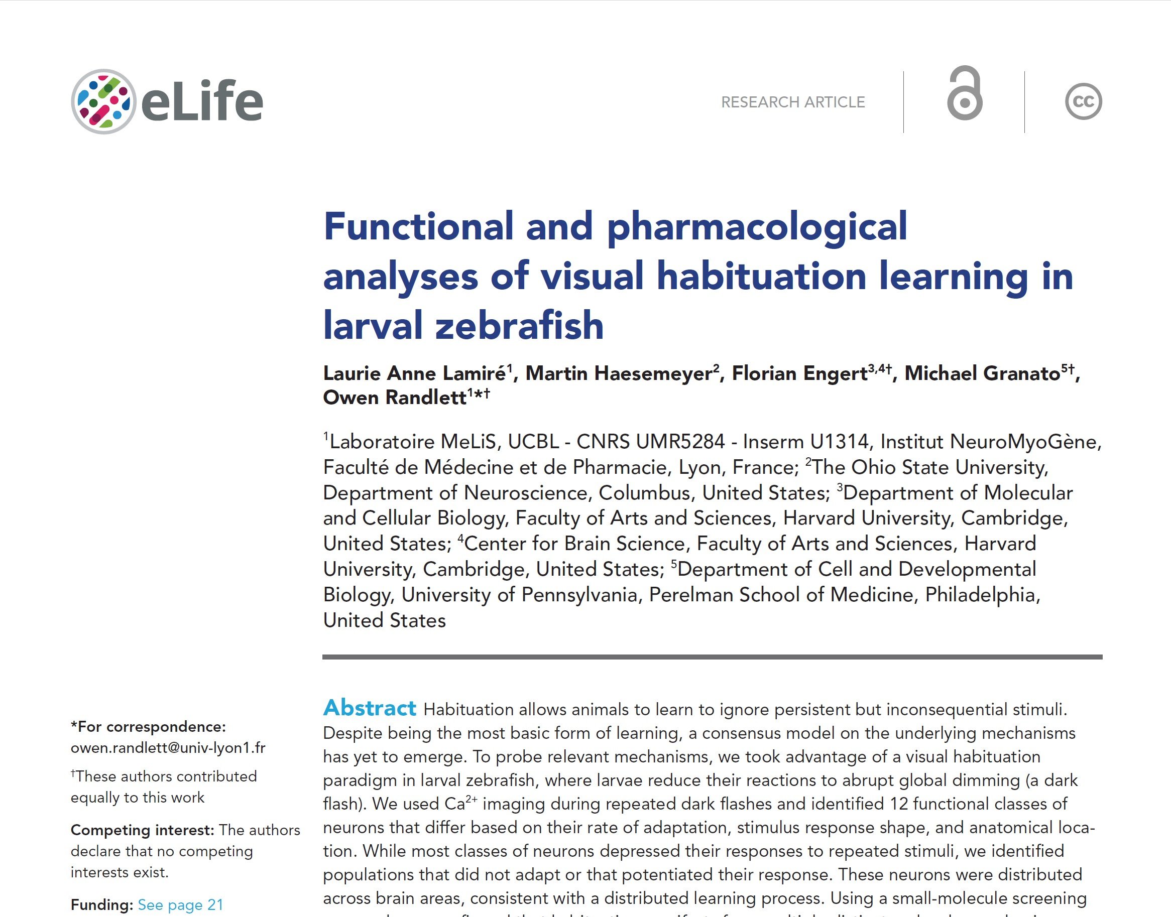 Laurie Anne’s habituation screen paper published in eLife
